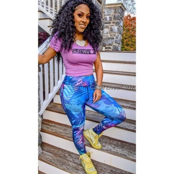 Callie Blue Tropic: Digital Print Graphic YOGA Leggings M L - Picture 4 of 15